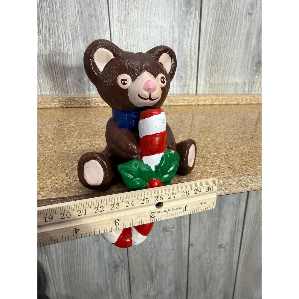 Vintage Ceramic Teddy Bear Stocking Holder Candy Cane Christmas Mantle Decor